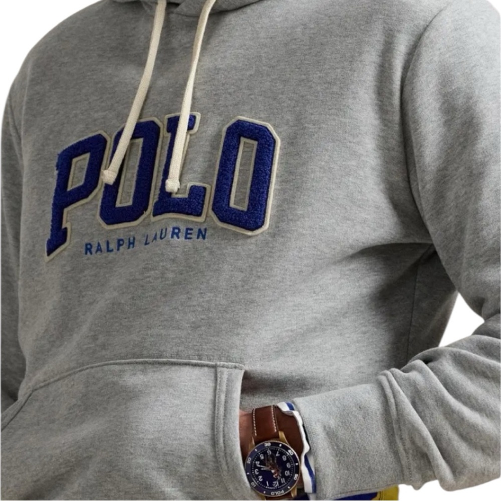 Polo Ralph Lauren Logo Appliqué Fleece Hoodie Gray Embroidered Blue Pony XL NWT